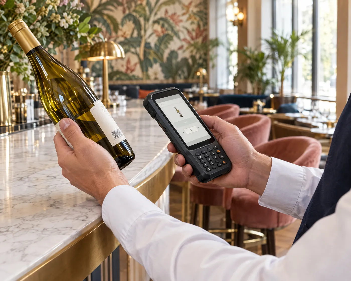 Barcodescanner scant een fles wijn aan een marmeren bar